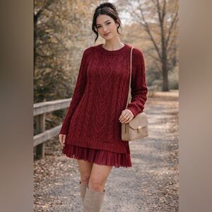 Burgundy Cable Knit Sweater Dress w/ Pleated Hem | Fall Cozy Chic | Size S